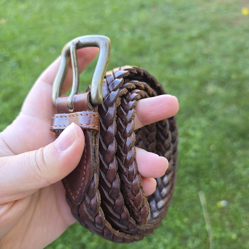 Vintage Genuine Brown Braided Leather Belt Hand-Woven Classic Brass Buckle - Picture 3 of 5